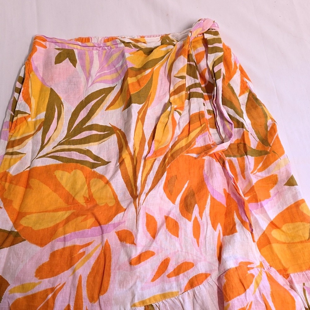 C&C California Linen Skirt Women L Orange Tropical Leaf Faux Wrap Ruffle Midi